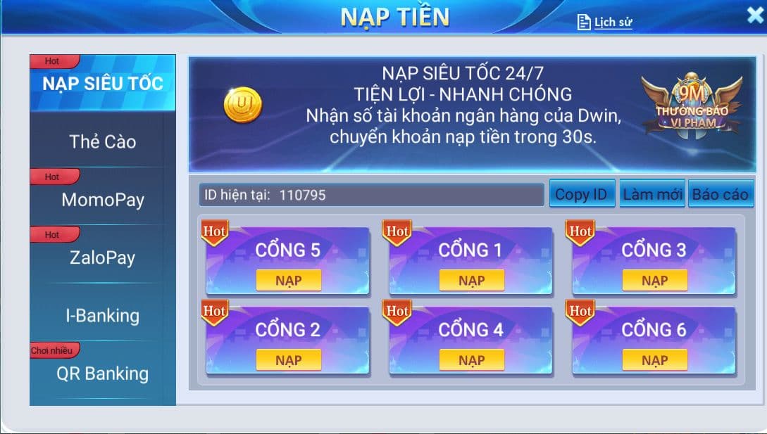 cổng thanh toán nạp tiền tại dwin68